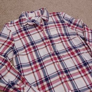 J CREW Women's Plaid Button-Up Shirt  - White with Pink & Blue Plaid Size S